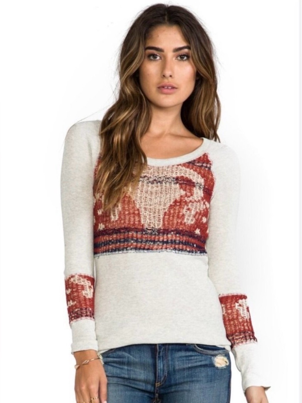 Free People We The Free Bull Skull Thermal Top M Gray Southwestern Boho